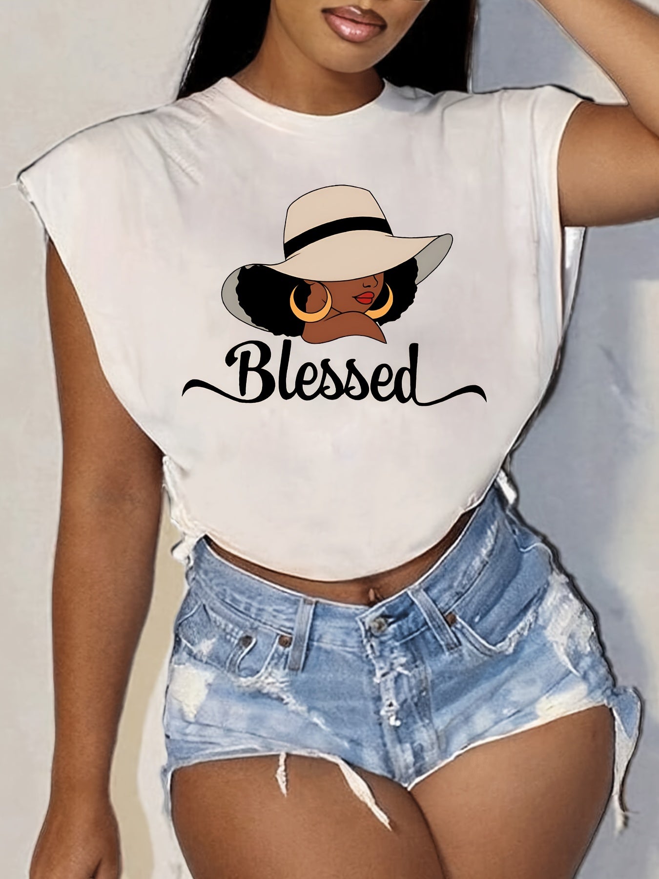 Women'S "Blessed" Graphic Tee - Casual, Sleeveless, Round Neck, Relaxed Fit, Summer White T-Shirt with Stylish Hat Design, Allseason Top|Stylish Graphic Tee|Relaxed Fit Tshirt